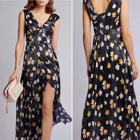 Self-Portrait Floral Printed Plisse Dress Metallic Midi Black Pink Yellow Size 2